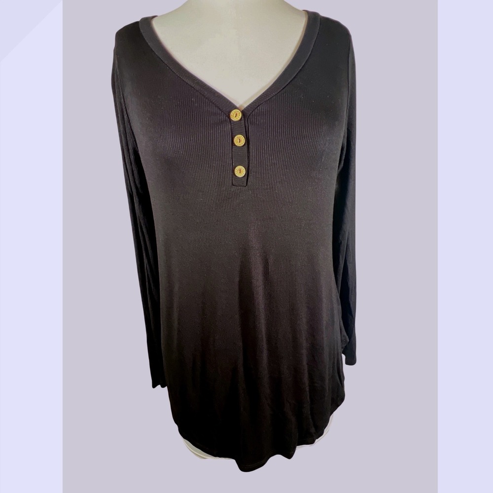 Sew In Love Womens Black Ribbed Henley Long Sleeve V-Neck Top large